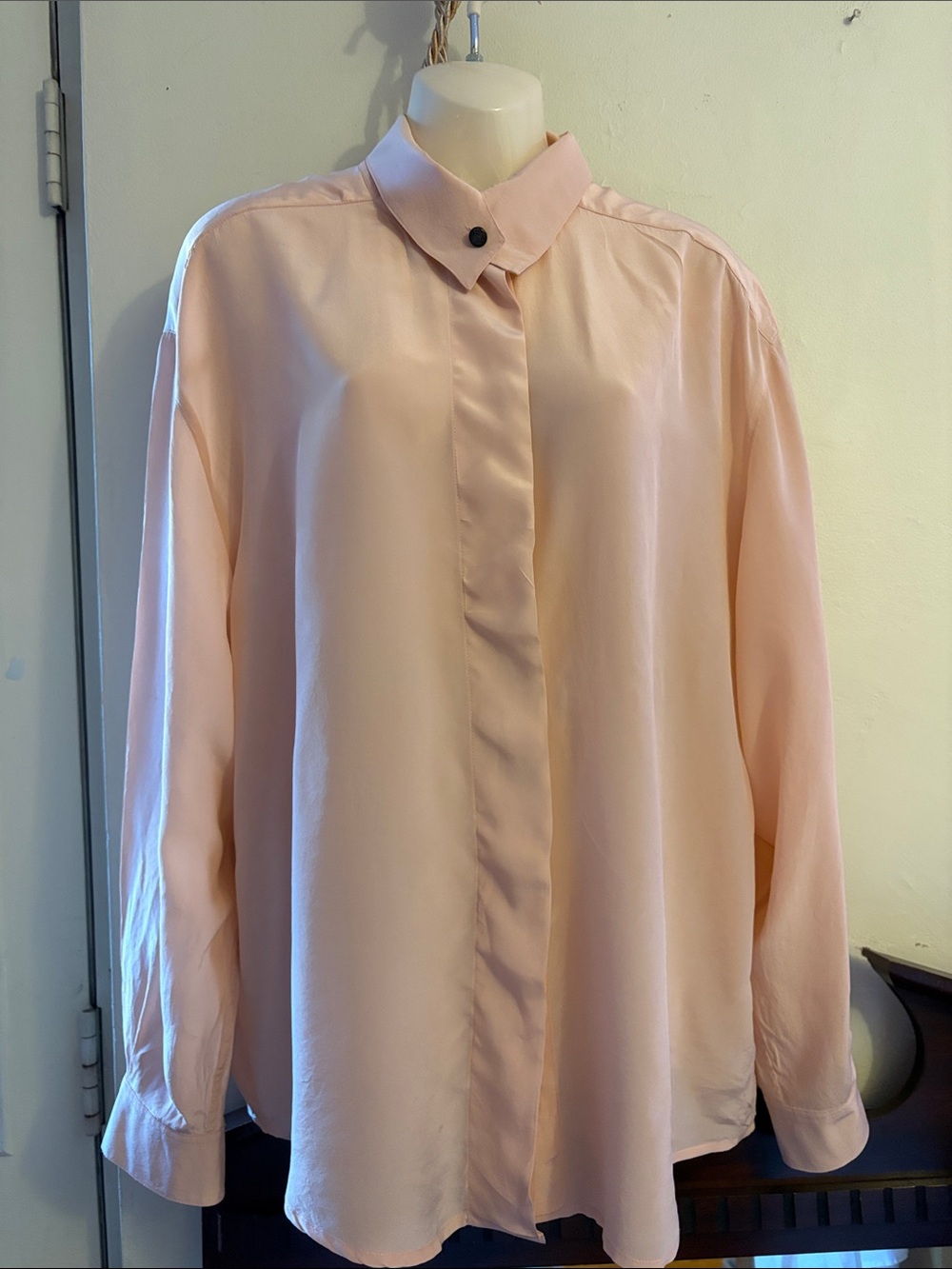 Light Blush Button-Down Shirt with Mandarin Collar. 100. Silk